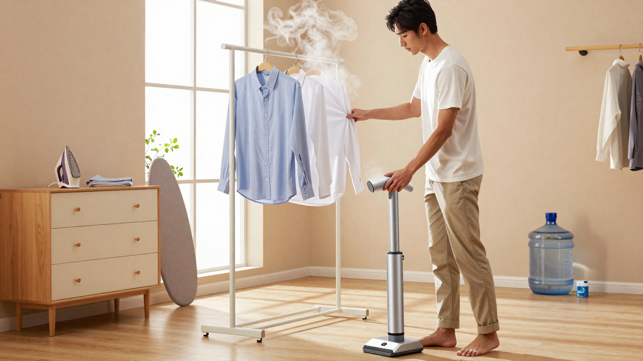 Man steaming white shirt on a rack in a bright, minimalist room with ironing board and iron nearby.