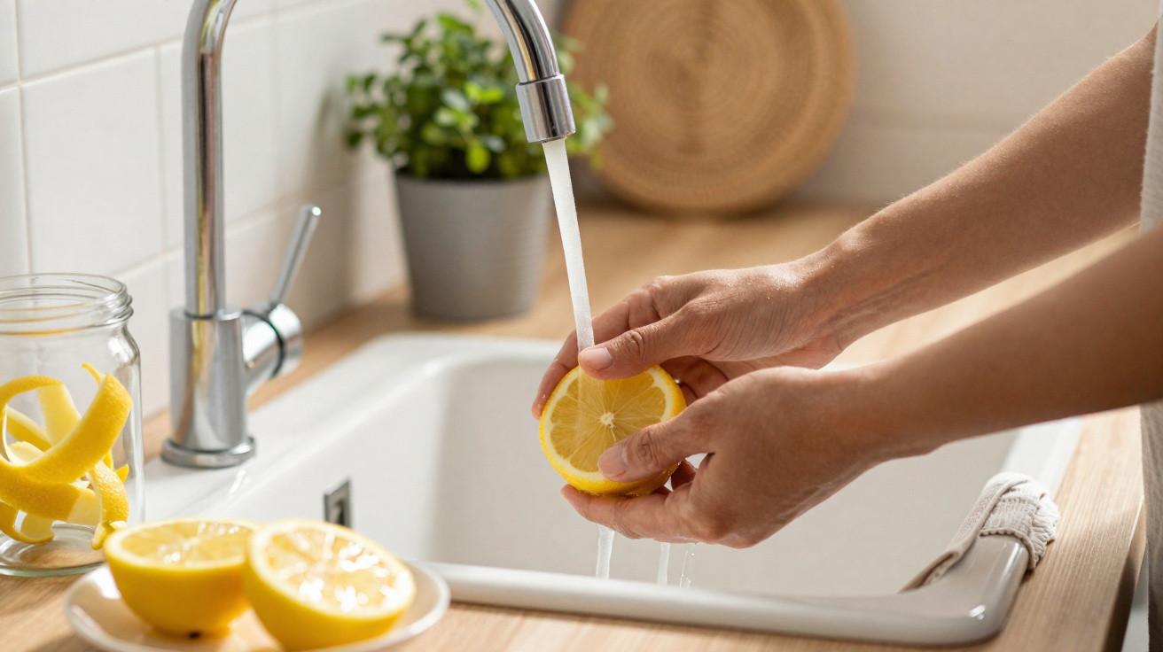 Hands holding a lemon half under running kitchen tap water above a white sink with lemon peels nearby.