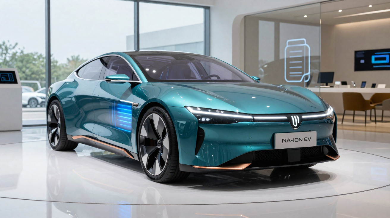 Sleek teal electric concept car NA-ION EV displayed in modern showroom with large windows and digital screens.