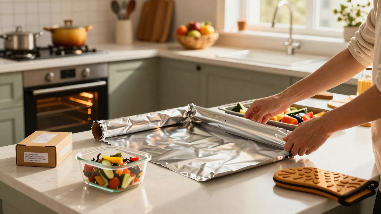 Person unrolling aluminium foil on kitchen countertop with fresh vegetables and oven in background