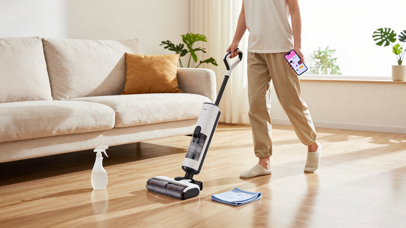 Person using a cordless vacuum cleaner on wooden floor in a bright living room with sofa and plants.