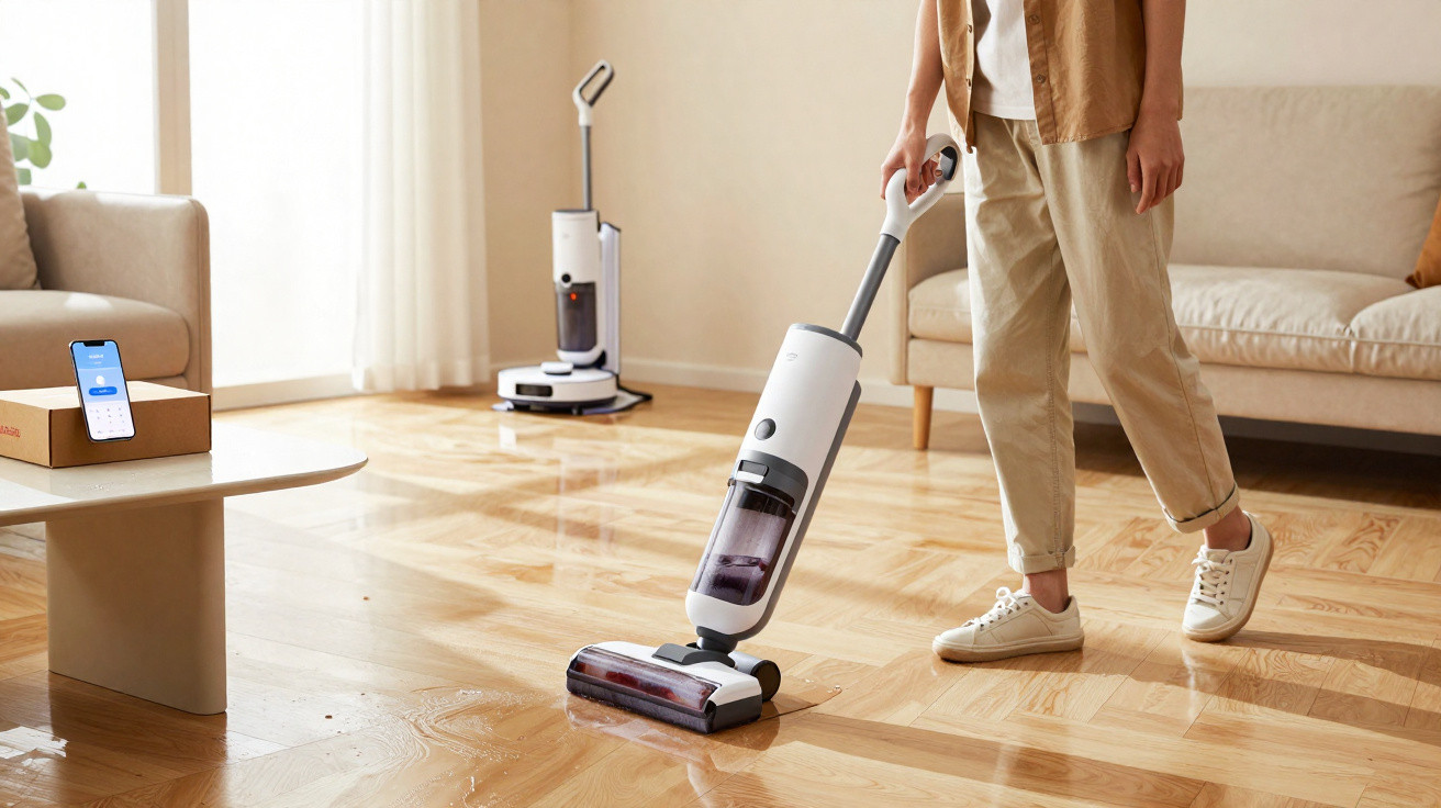 Person vacuuming a shiny wooden floor in a bright living room with a cordless vacuum cleaner and smartphone on table.