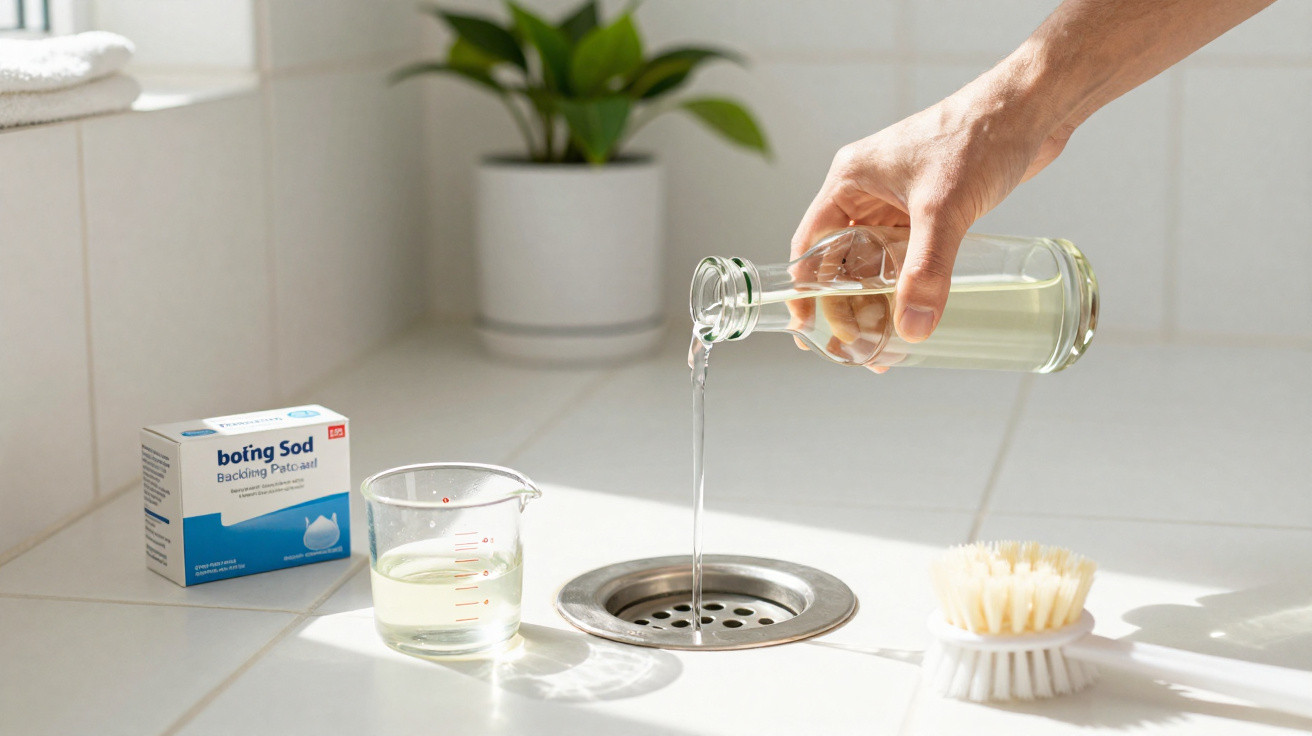 Hand pouring liquid from glass bottle into a sink drain with baking soda, measuring cup and brush nearby.