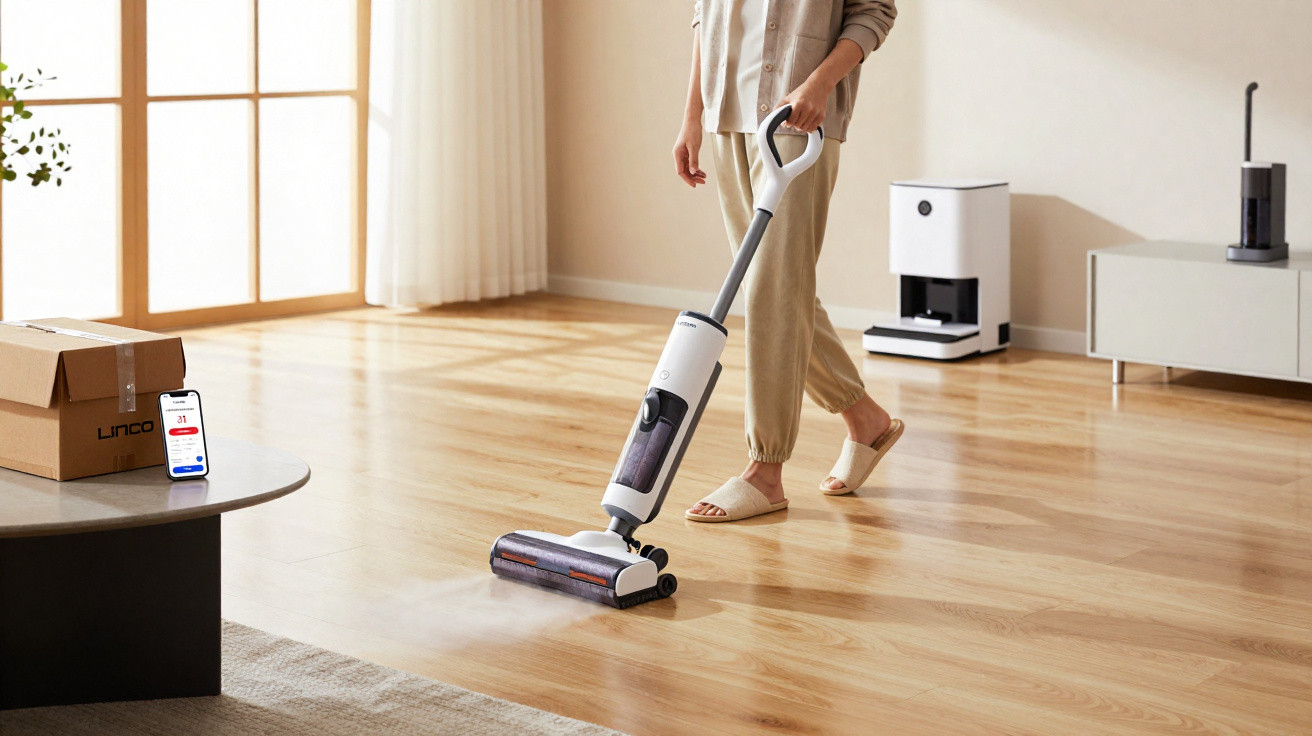 Person using a white cordless vacuum cleaner on a wooden floor in a bright, modern living room.