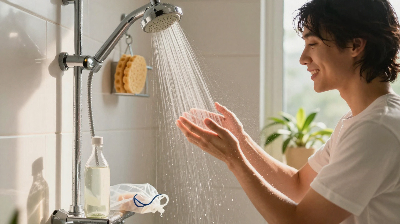 Young man enjoying warm water from a showerhead in a bright, clean bathroom with plants in the background.