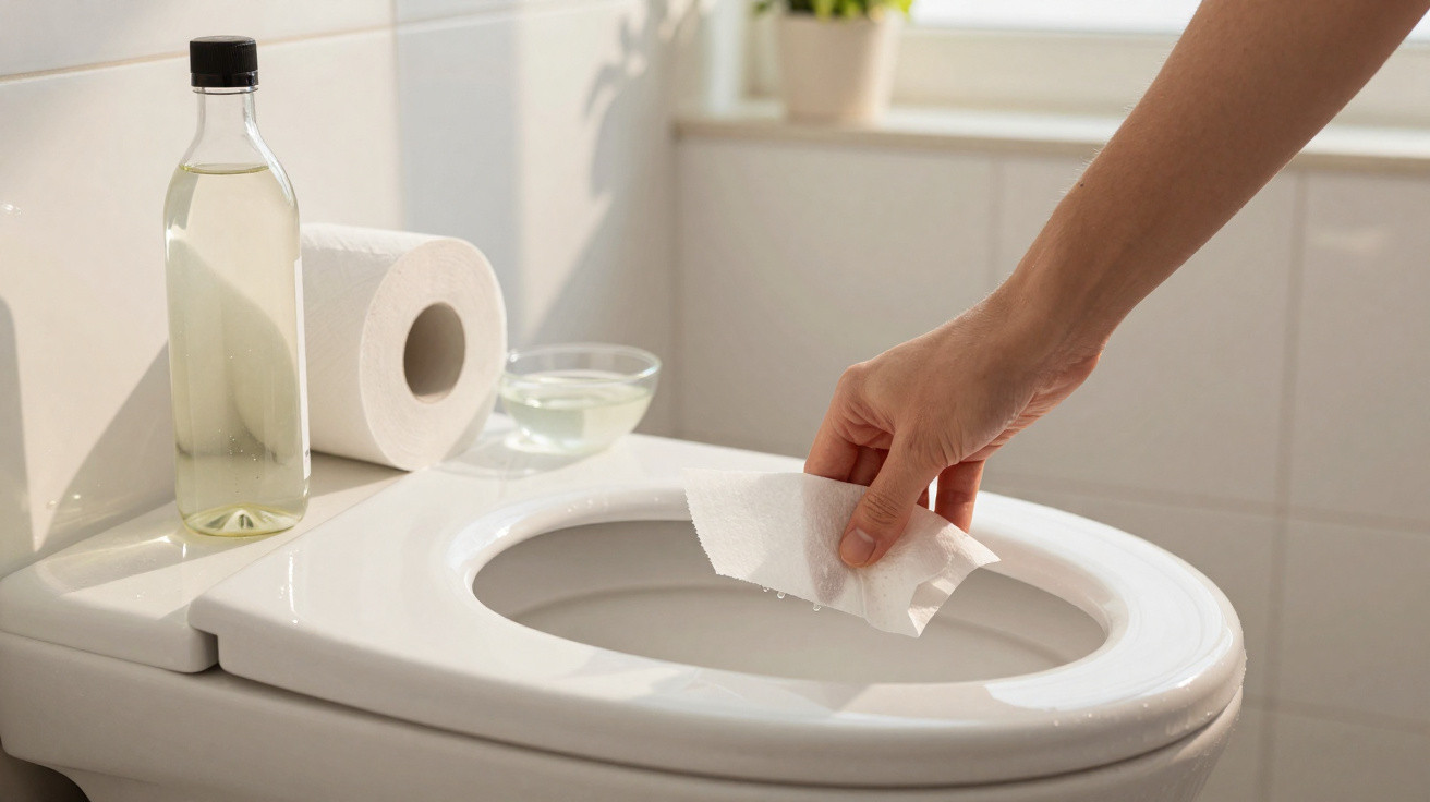 Hand placing a toilet wipe on a toilet seat with a bottle, roll of paper, and bowl in the background.