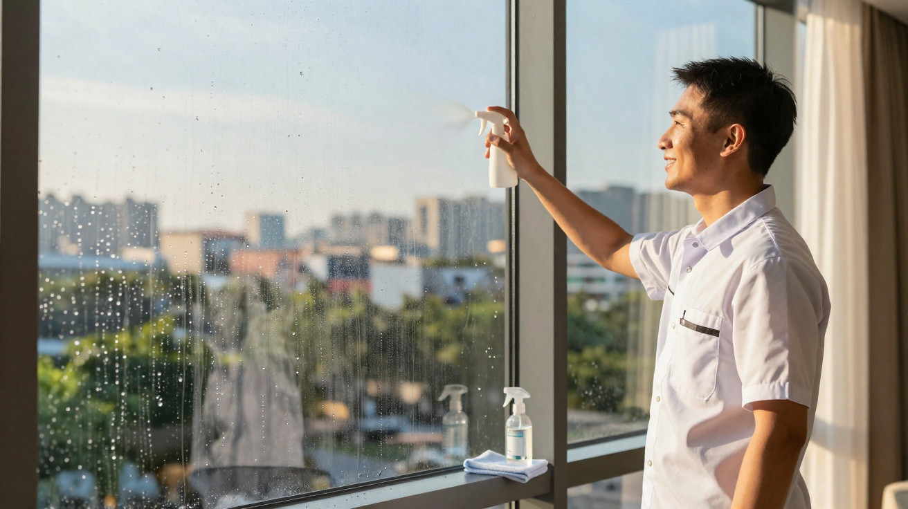 Man cleaning a large window with a spray bottle and cloth on a sunny day overlooking a cityscape.
