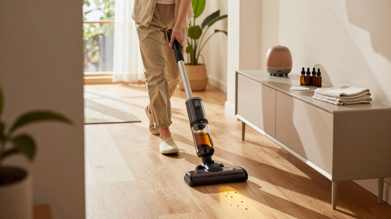 Person vacuuming a wooden floor in a sunlit, modern living room with plants and a sideboard.