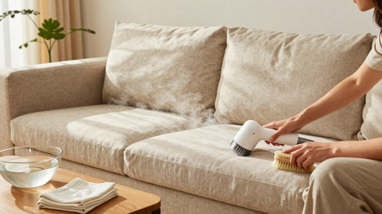 Person using a handheld steam cleaner and brush to clean a beige fabric sofa in a living room.