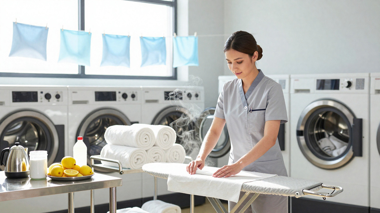 Woman ironing white cloth on board in a laundry room with washing machines and stacked towels nearby.