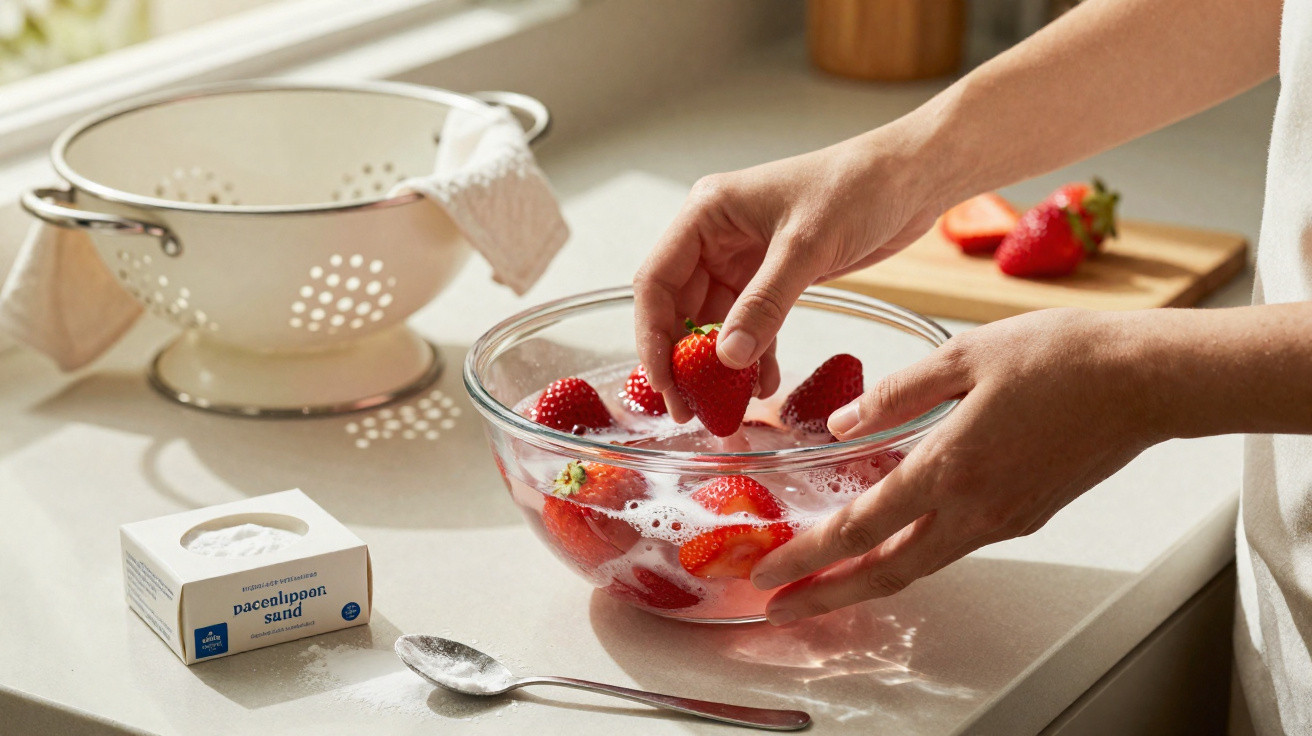 Hands washing fresh strawberries in a glass bowl of water with a box of baking soda and colander nearby.