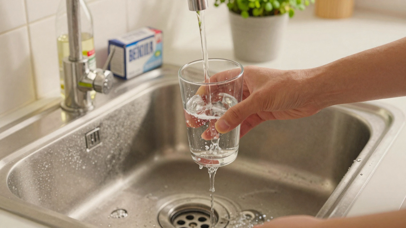 Hand holding a glass being filled with water over a kitchen sink with a faucet running.