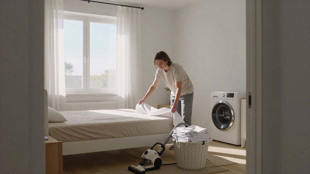 Woman making a bed in a bright bedroom with a washing machine, laundry basket, and vacuum cleaner nearby.