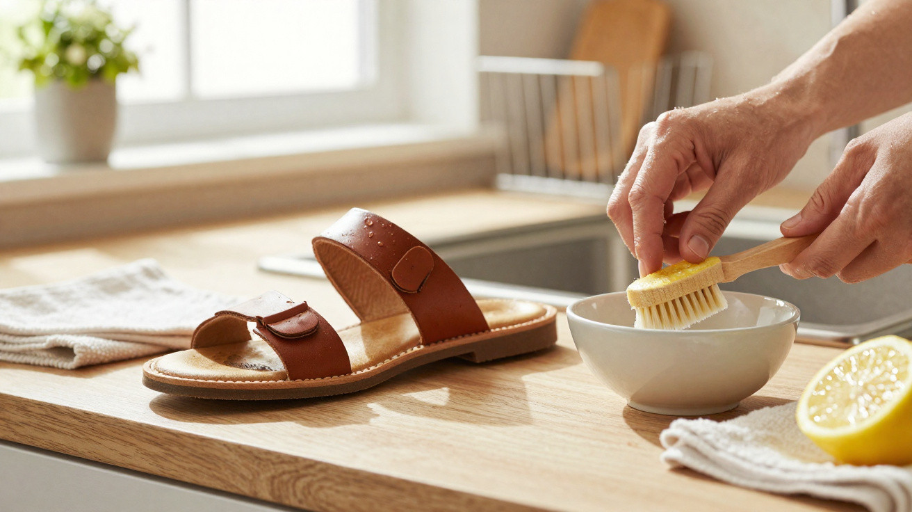 Person scrubbing a brown sandal with a brush and lemon on a kitchen counter by a window