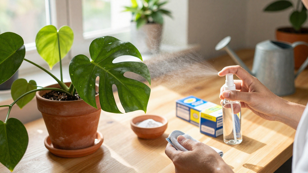 Person spraying water mist onto green potted plants on a wooden table near a window.