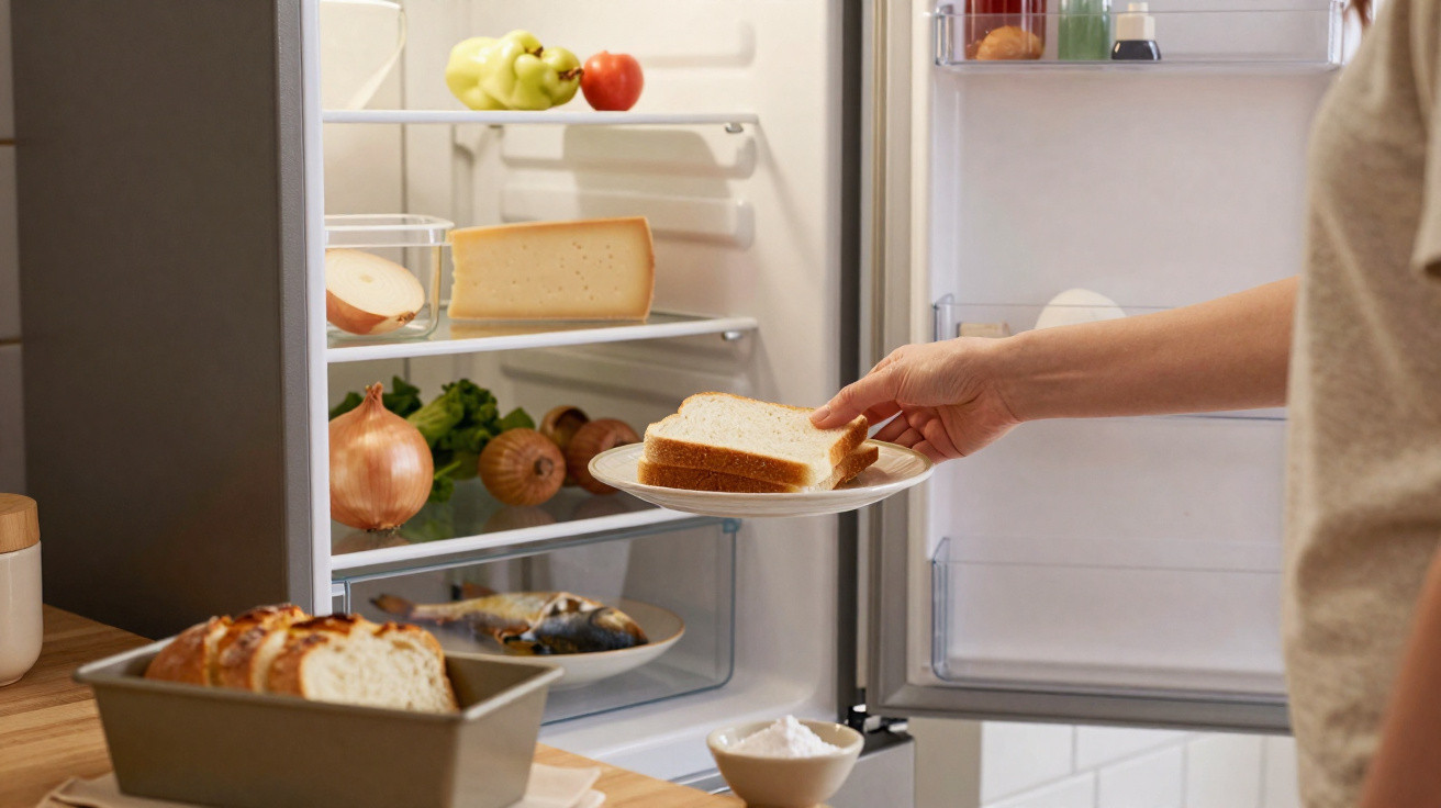 Hand placing a plate with sliced bread into a fridge containing cheese, onions, vegetables, and fish.