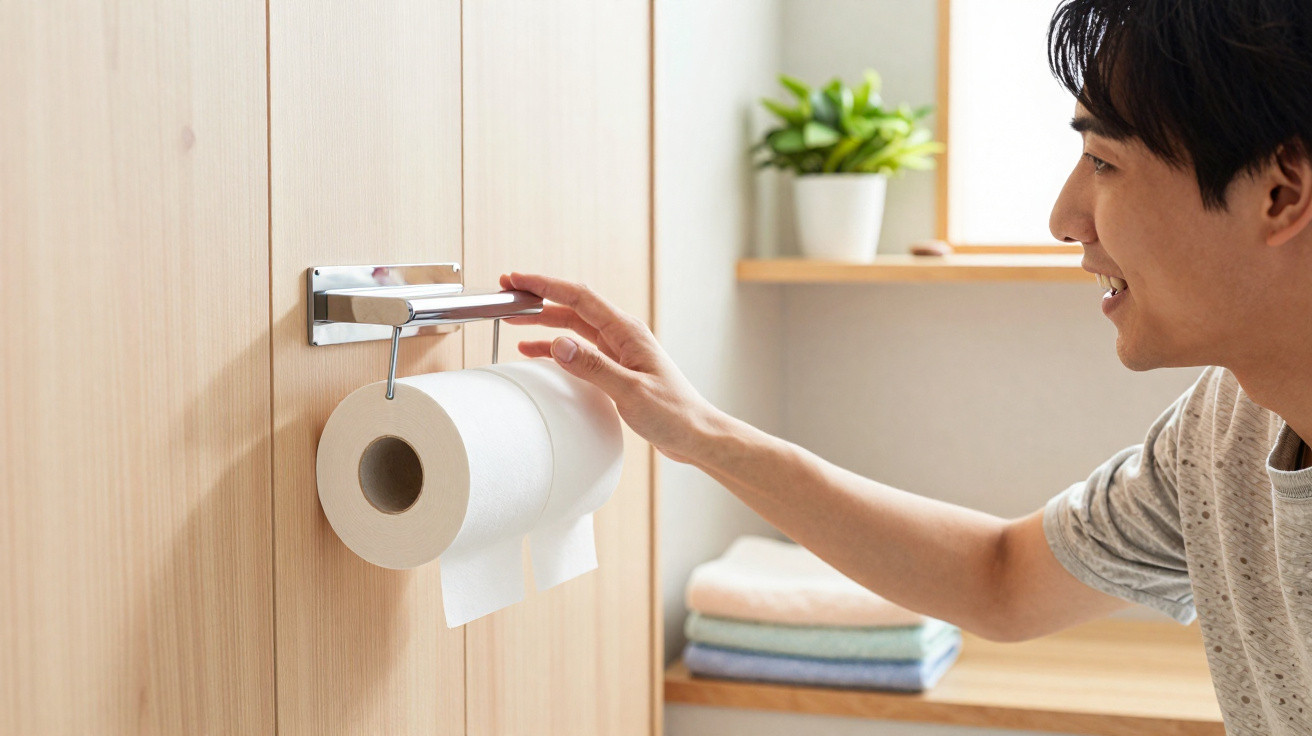 Man reaching for a roll of toilet paper on a chrome holder mounted on a wooden wall in a bright bathroom.