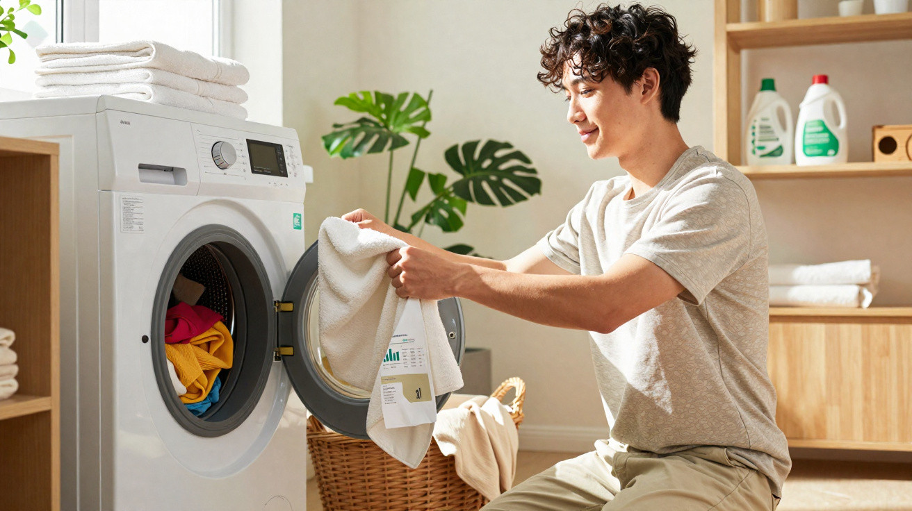 Young man loading white towel into front-loading washing machine in bright laundry room