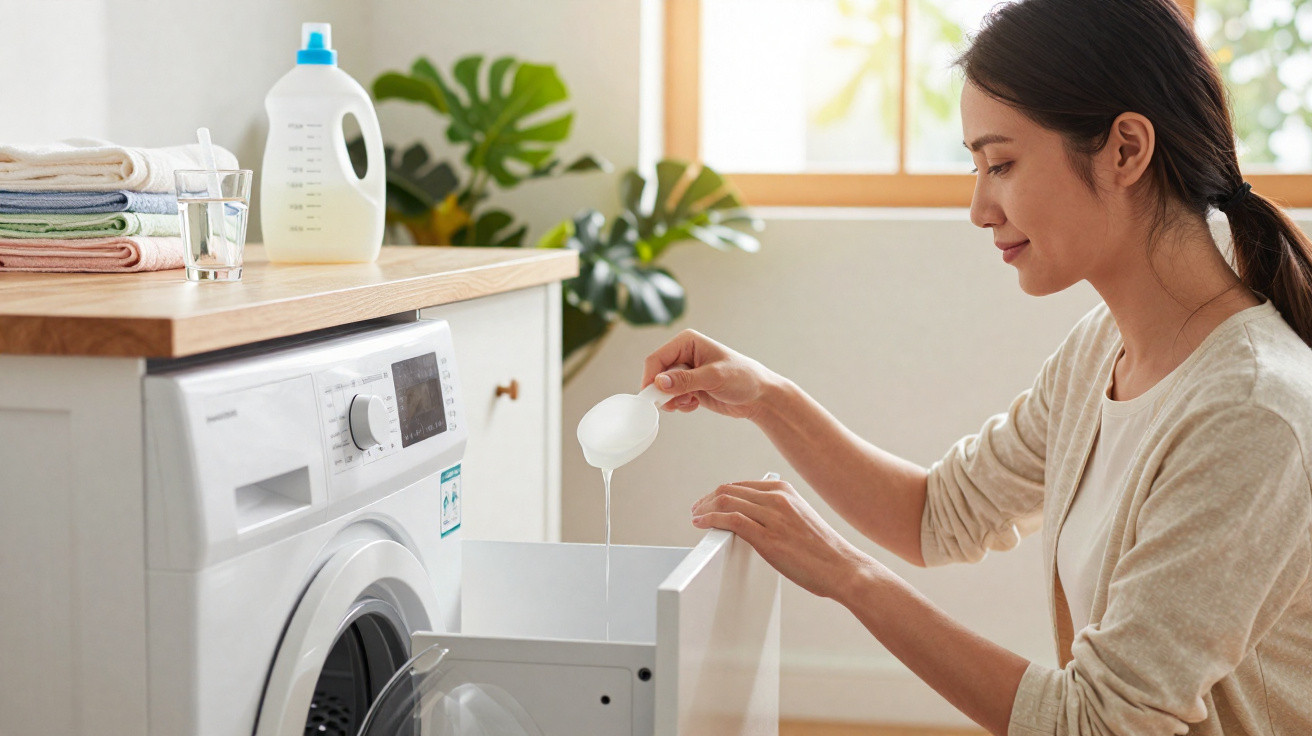 Woman pouring liquid detergent into a washing machine drawer in a bright laundry room.