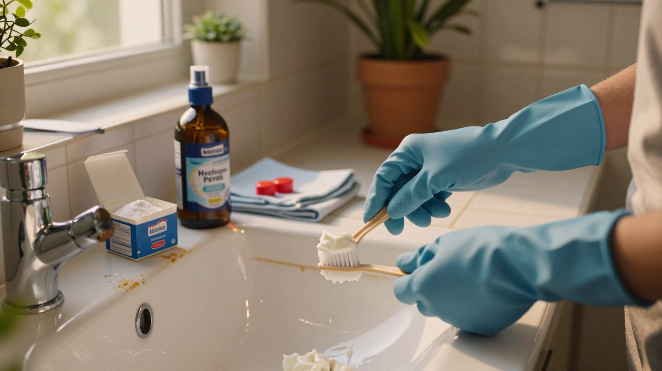 Person wearing blue gloves cleaning a bathroom sink with a brush and cream cleaner.