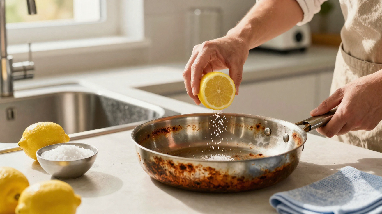 Person squeezing lemon and salt into a used stainless steel frying pan in a sunlit kitchen.