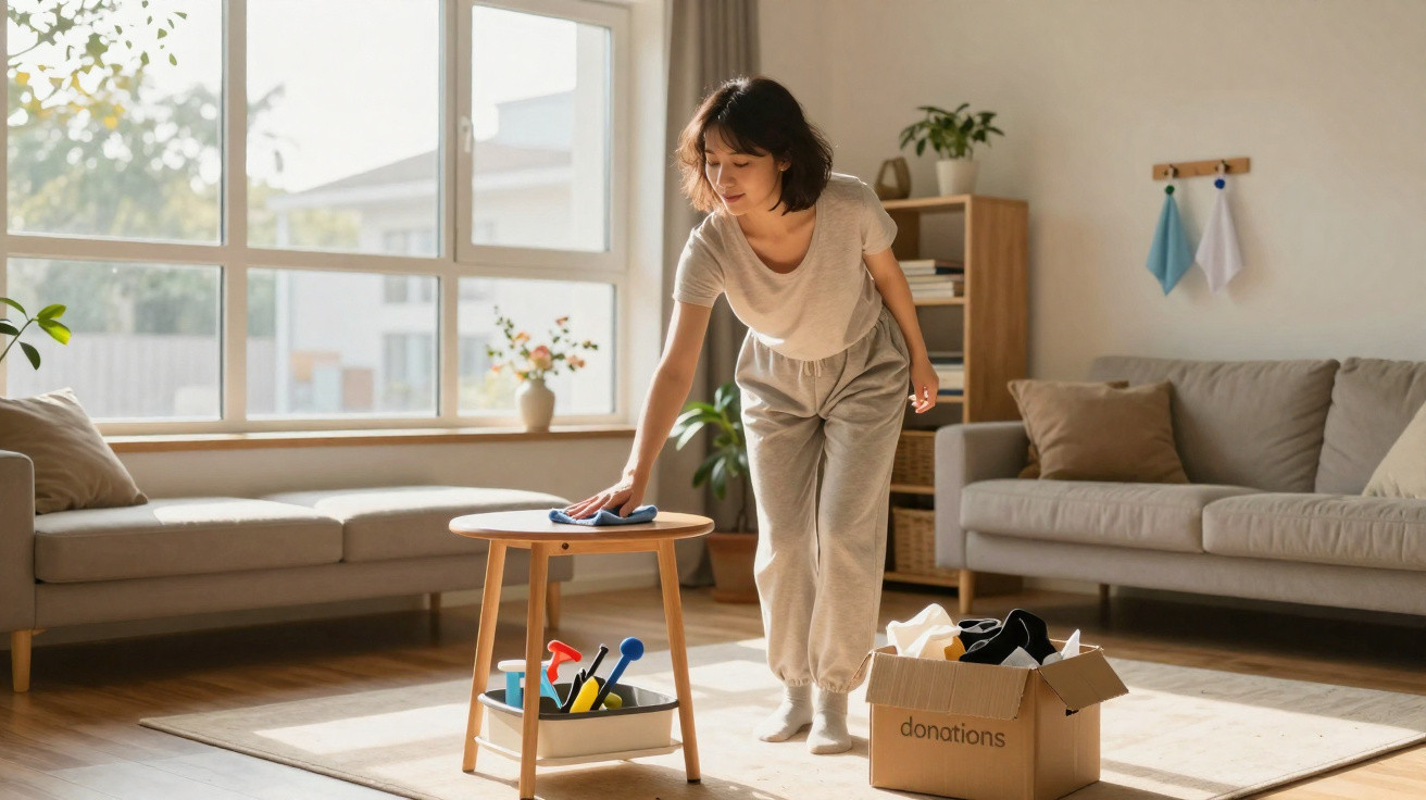 Woman cleaning a wooden table in a bright living room with a box labeled donations nearby.
