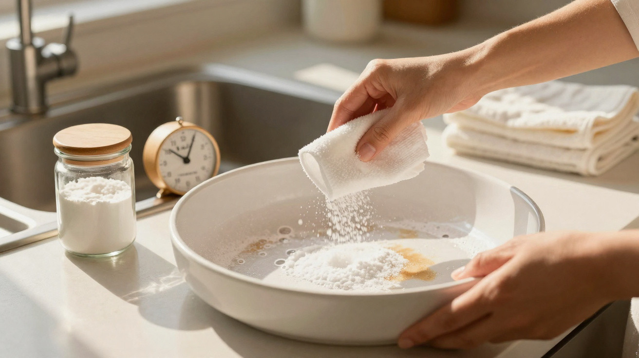 Hands sprinkling white powder into a shallow bowl on a kitchen counter near a sink and clock.