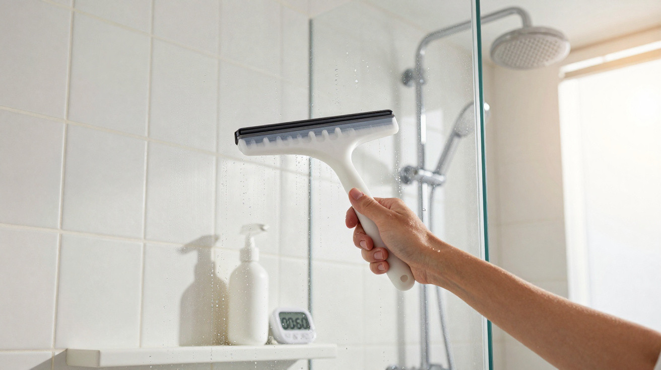 Hand cleaning a glass shower door with a white squeegee in a bright tiled bathroom.