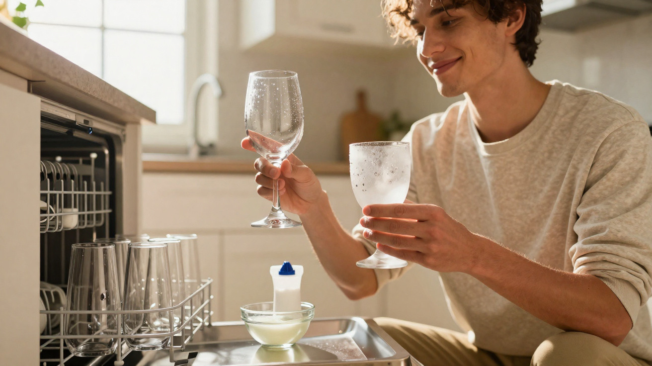 Young man unloading clean glasses from a dishwasher in a bright kitchen.