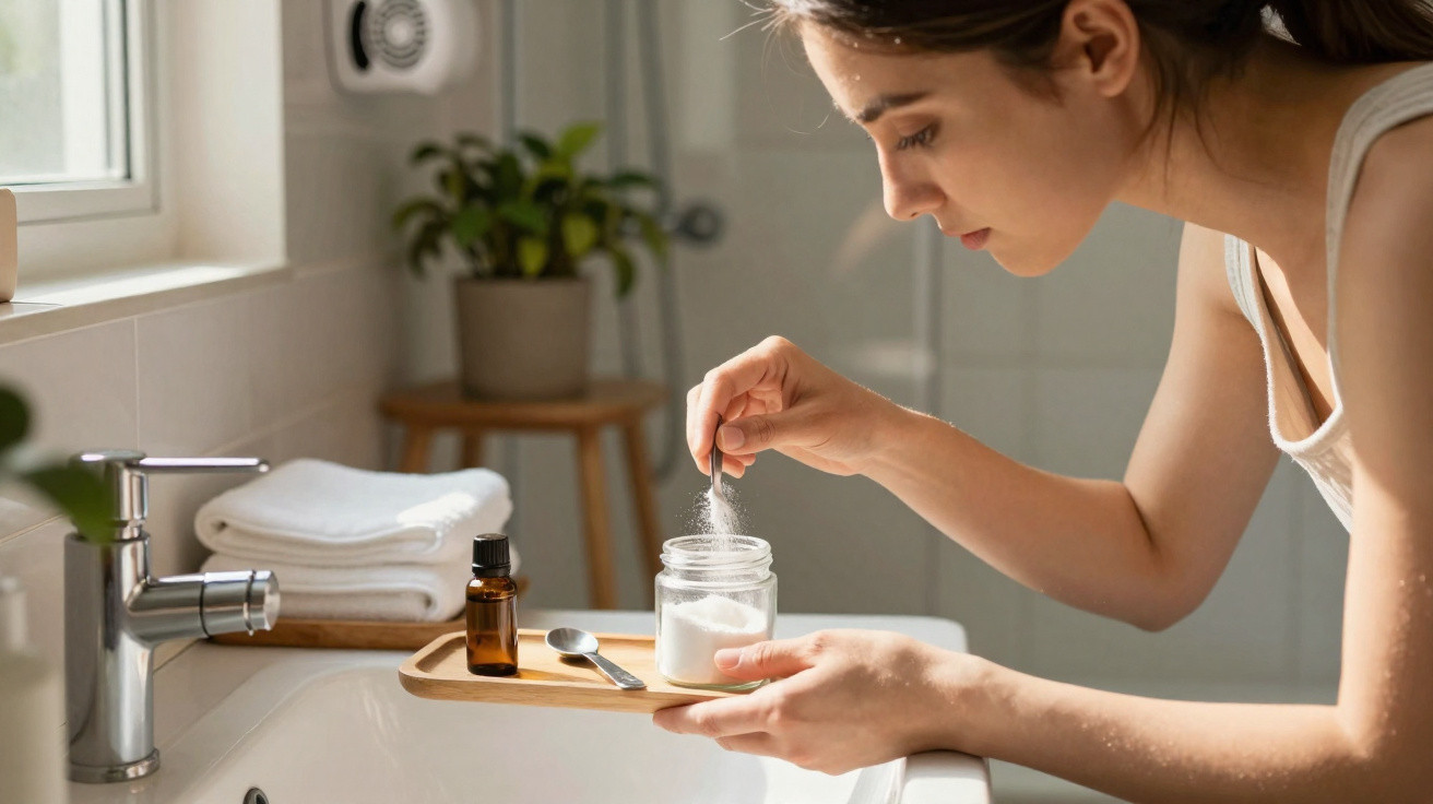 Woman holding a tray with a jar of powder, small bottle, and spoon by a bathroom sink.