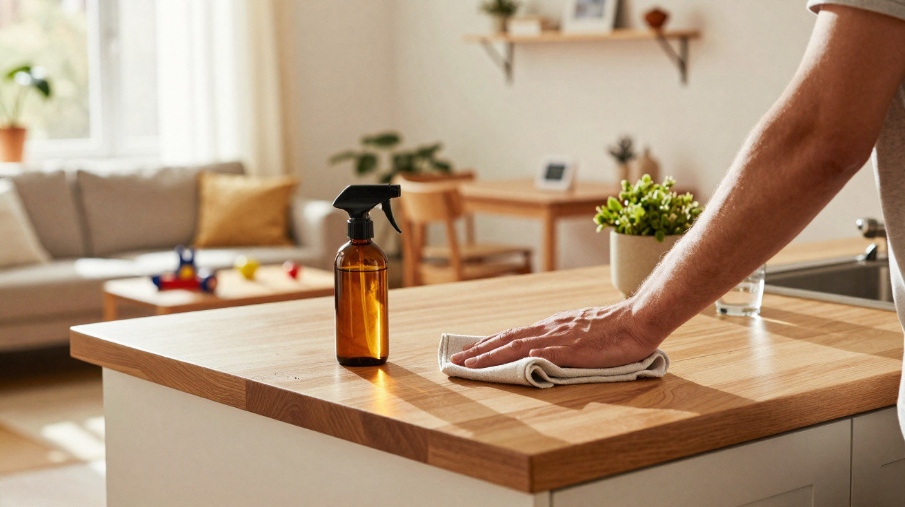 Person cleaning a wooden kitchen countertop with a cloth and spray bottle nearby in a bright living space.