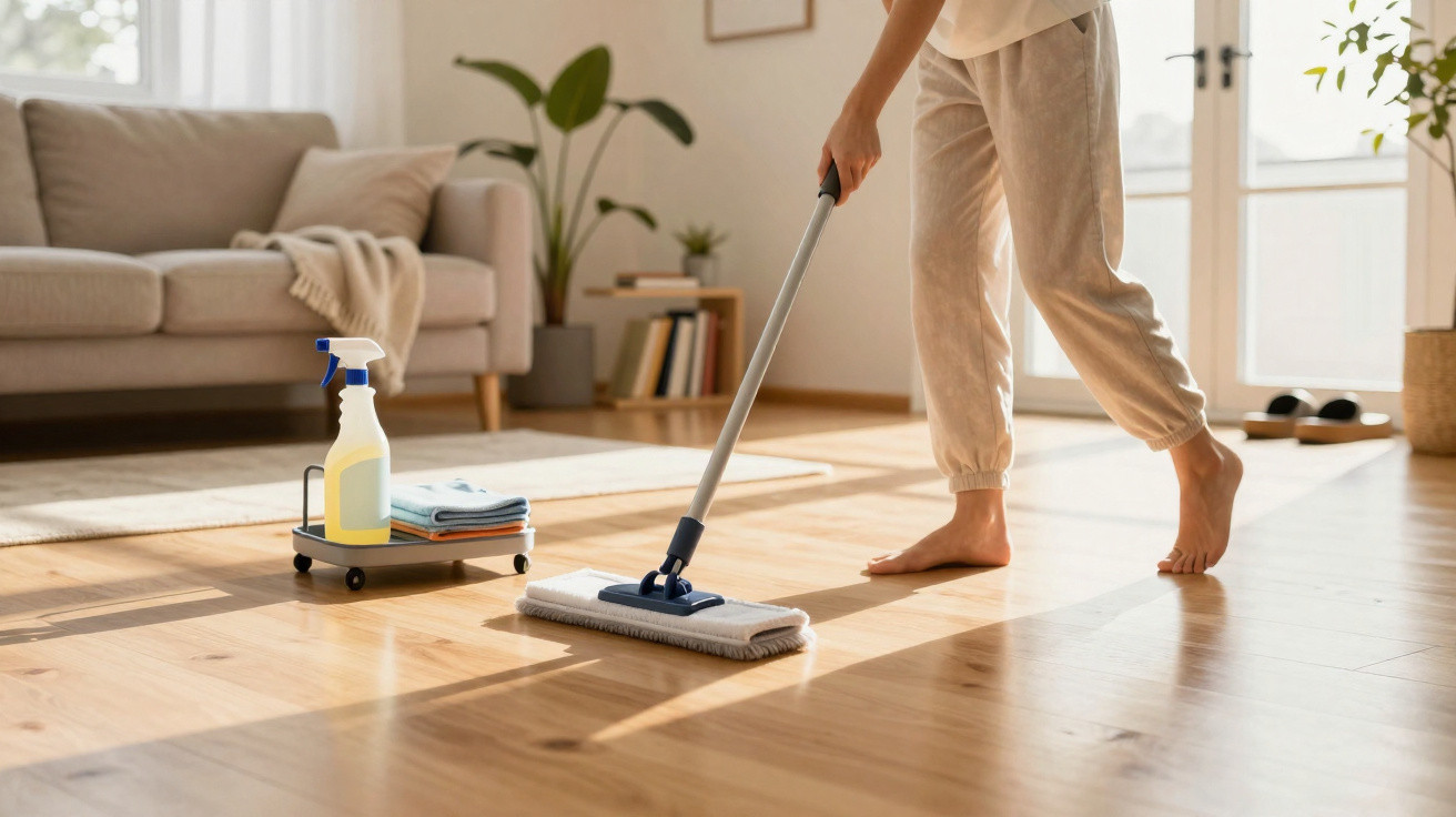 Person mopping a wooden floor in a bright living room with cleaning supplies nearby on a small trolley.