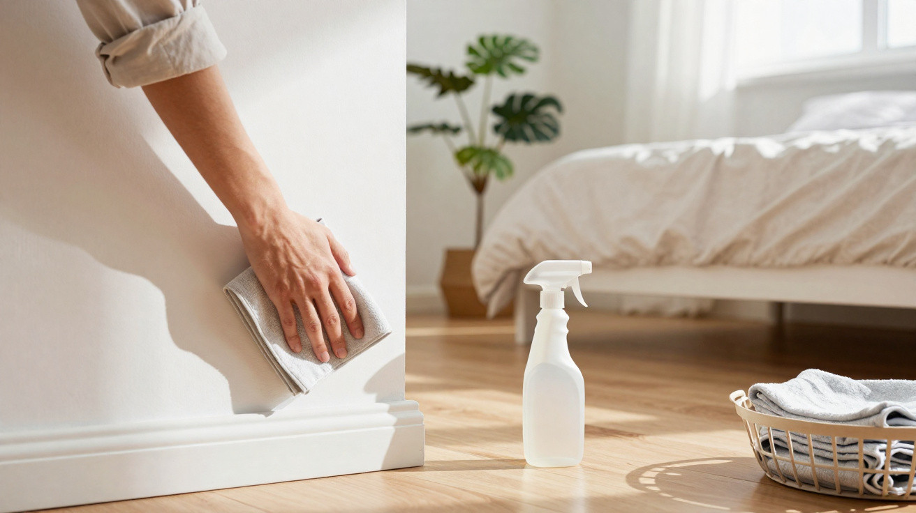 Person cleaning a white skirting board with a cloth, next to a spray bottle and laundry basket in a bright bedroom.