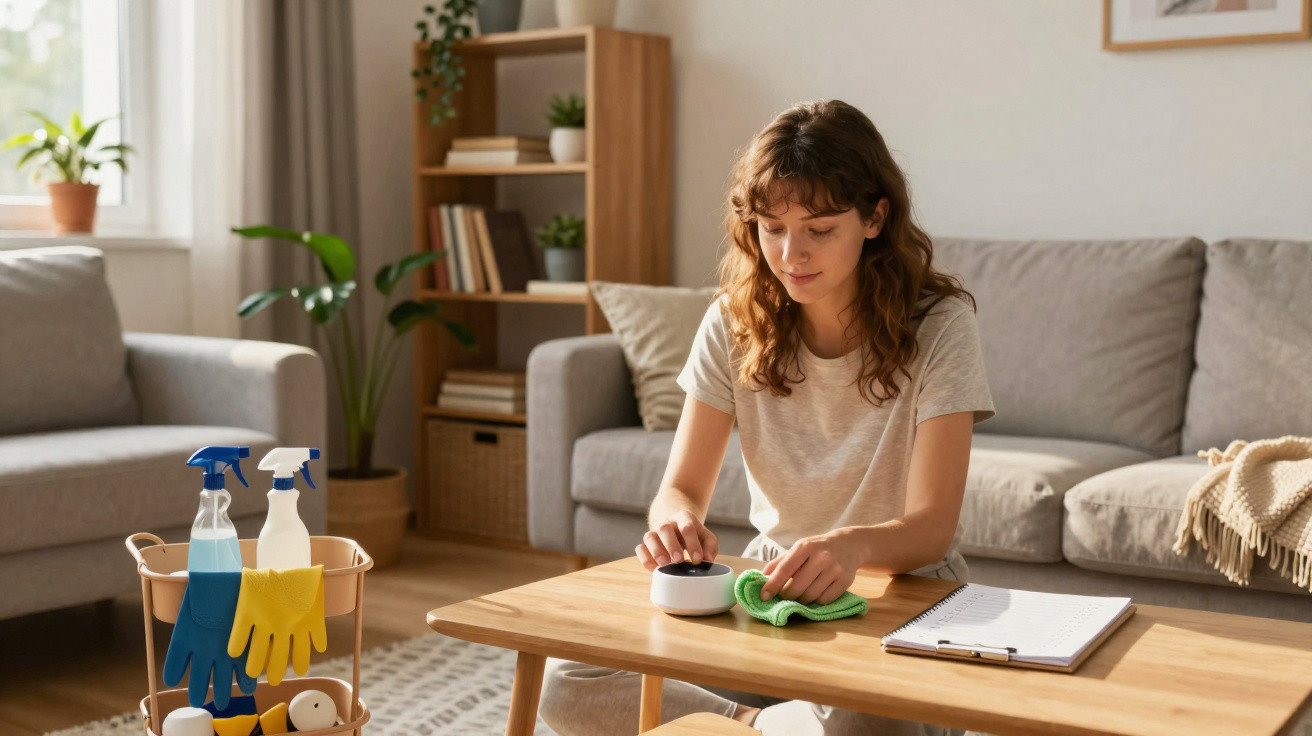 Young woman cleaning wooden coffee table in cosy living room with cleaning supplies nearby on floor.