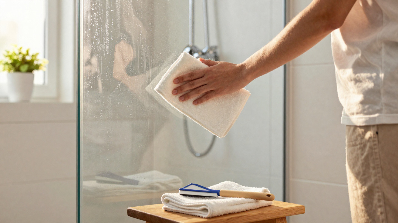 Person cleaning a glass shower door with a cloth in a bright bathroom with a wooden stool and cleaning tools.