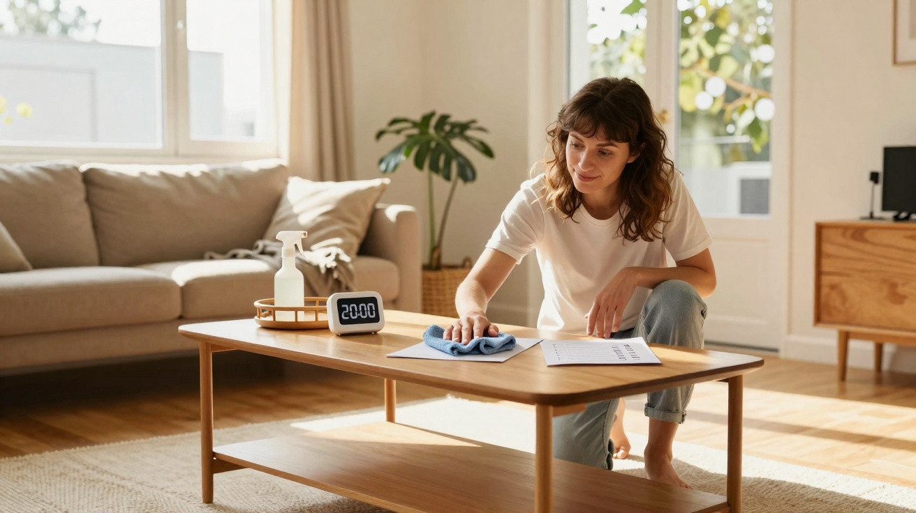 Young woman cleaning wooden coffee table in bright living room with beige sofa and digital clock showing 20:00