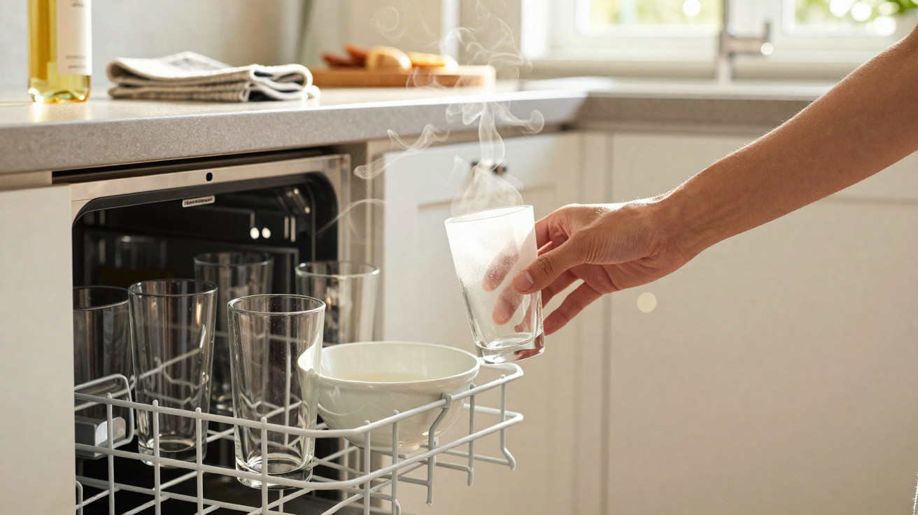 Hand removing a steaming glass from an open dishwasher in a bright kitchen.