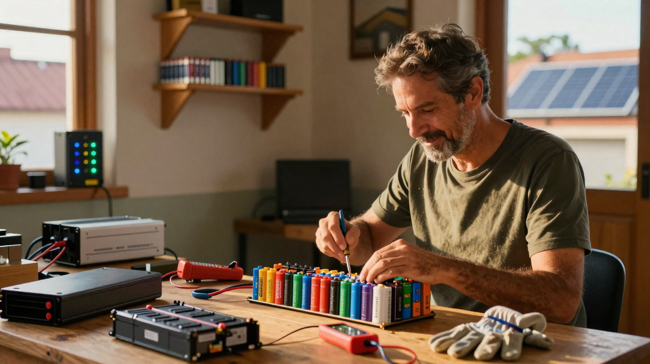 Man assembling multicoloured battery cells on a workbench in a sunlit room with electronic tools nearby
