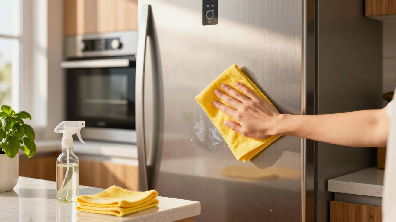 Hand wiping stainless steel refrigerator door with yellow cloth in a bright modern kitchen.