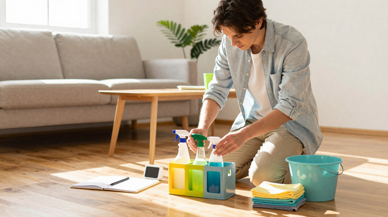 Person kneeling on wooden floor organising cleaning spray bottles next to a blue bucket and folded cloths in a bright living 