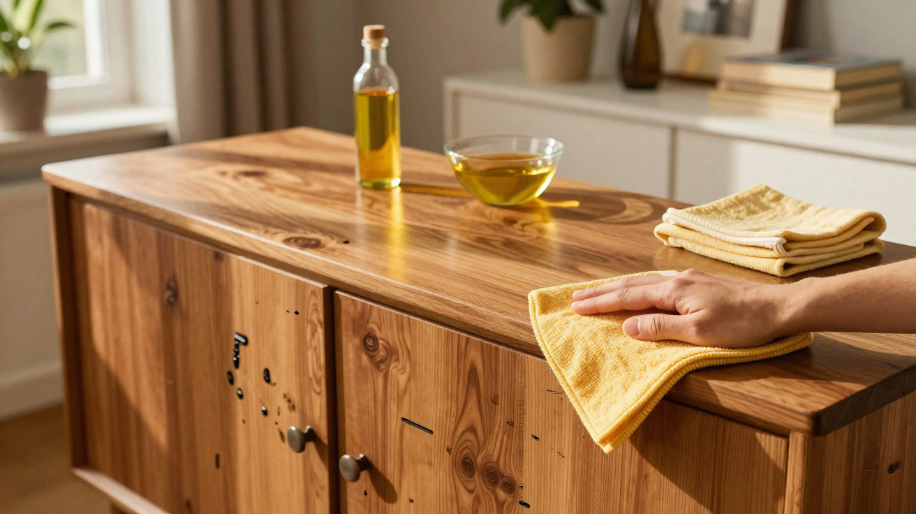 Hand wiping a wooden cabinet with a yellow cloth, olive oil bottle and bowl on top in a bright room.