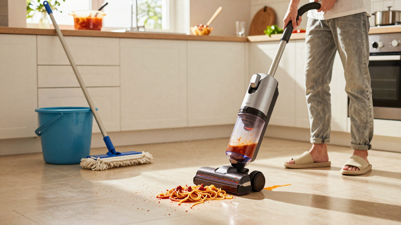 Person using a cordless vacuum to clean spaghetti and sauce from a modern kitchen floor.