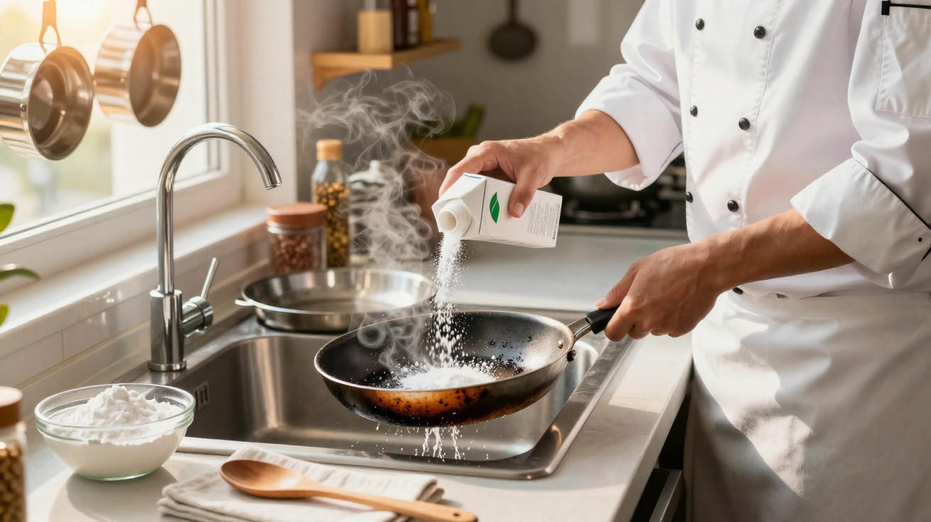 Chef in white uniform sprinkling salt into a steaming hot frying pan in a modern kitchen.
