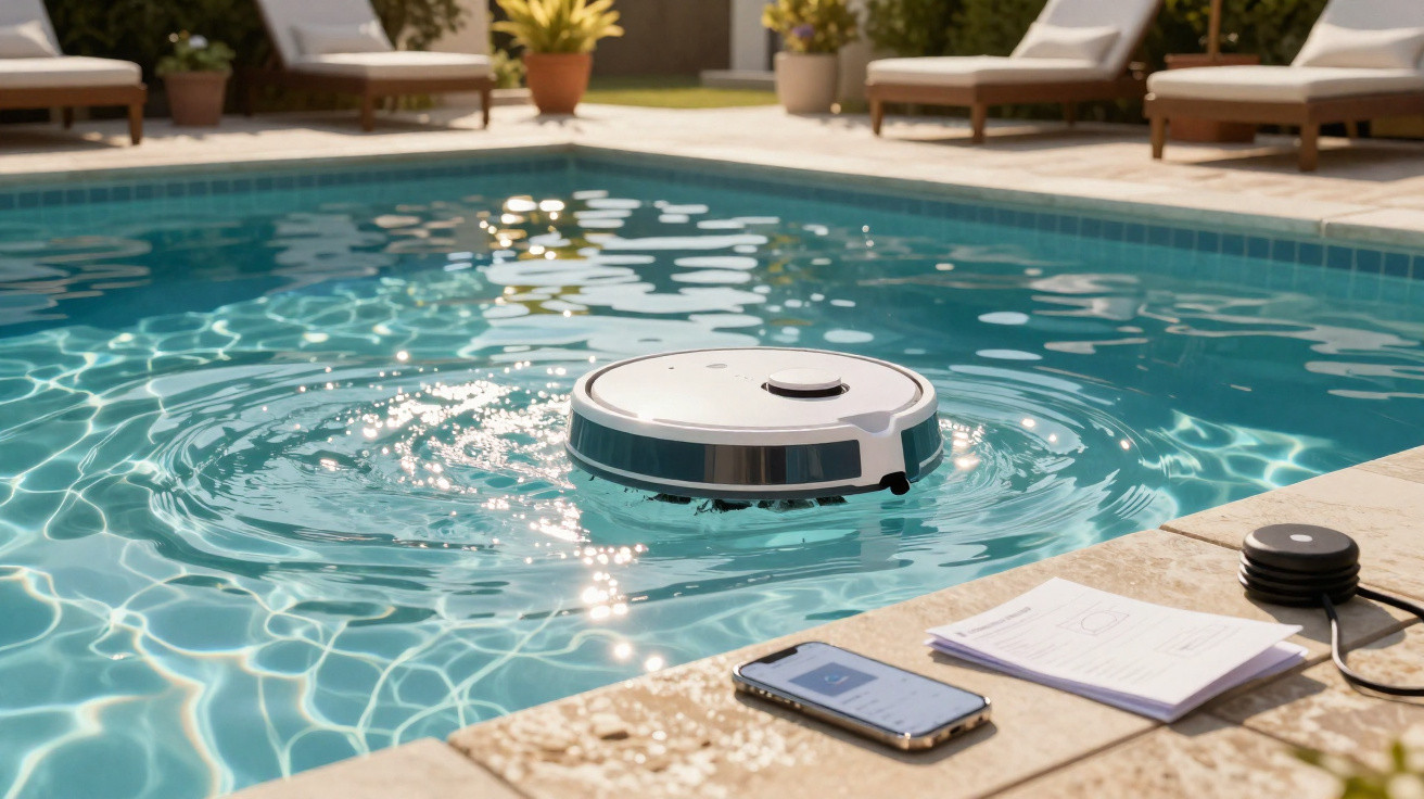 Robotic pool cleaner operating in a sunlit swimming pool with smartphone and papers on the edge.