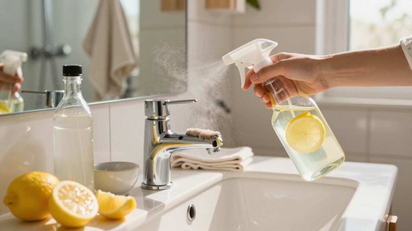 Hand holding spray bottle with lemon water misting near bathroom sink with fresh lemons on counter.