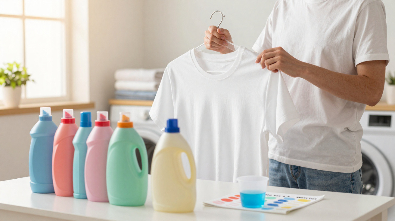 Person holding a white T-shirt on a hanger with various coloured detergent bottles on the table.