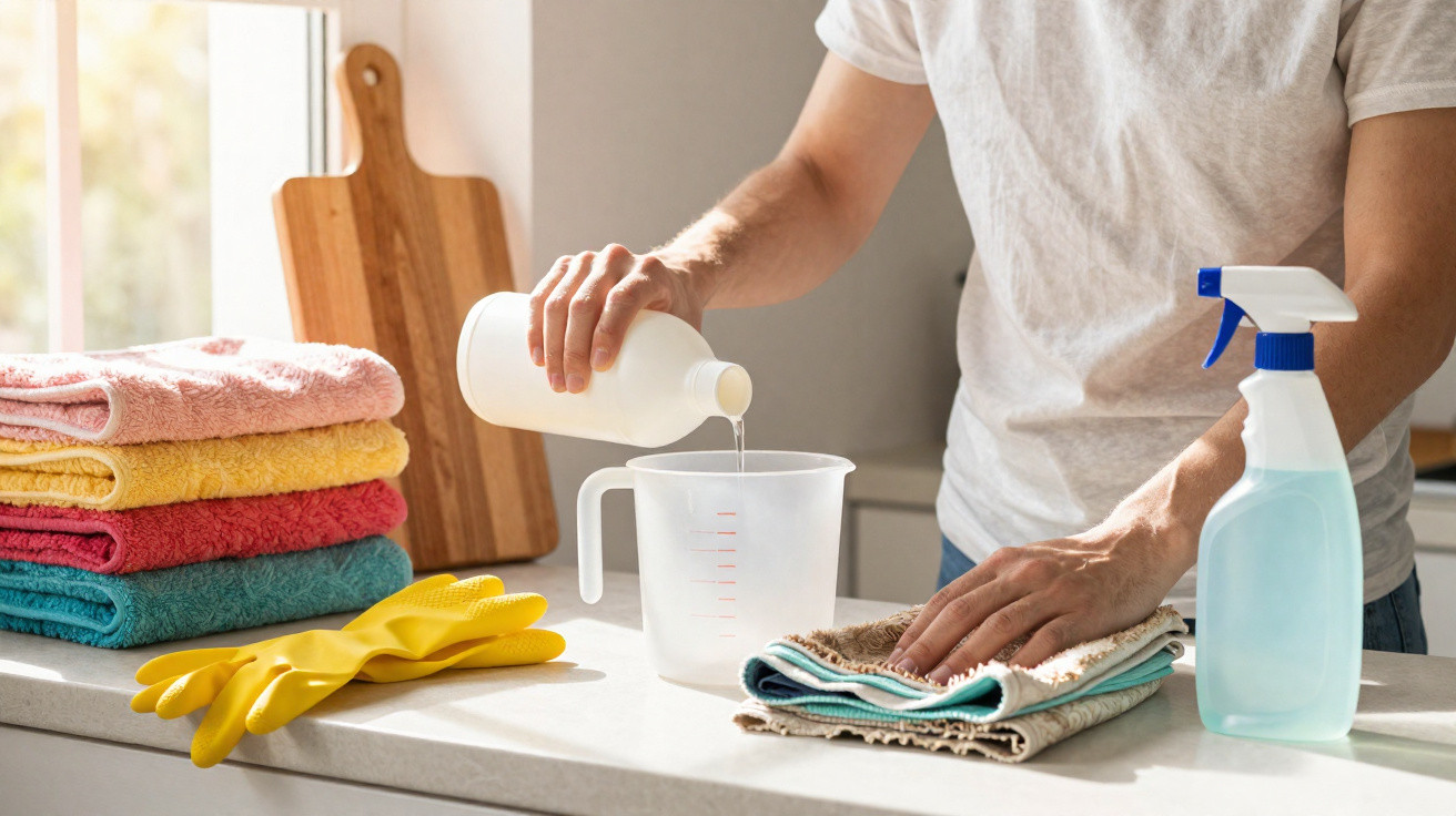 Person pouring liquid into a measuring jug with cleaning cloths, spray bottle, gloves, and folded towels on countertop.