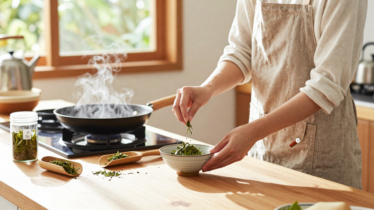 Person in apron preparing fresh herbs by a steaming frying pan in a bright kitchen.