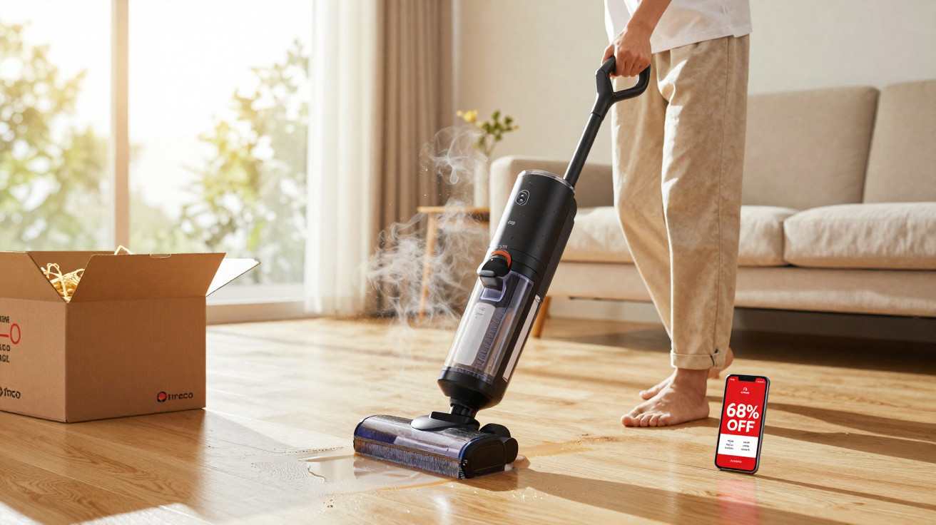 Person using a cordless vacuum cleaner on a wooden floor near a cardboard box and a phone showing a 68% off sale.