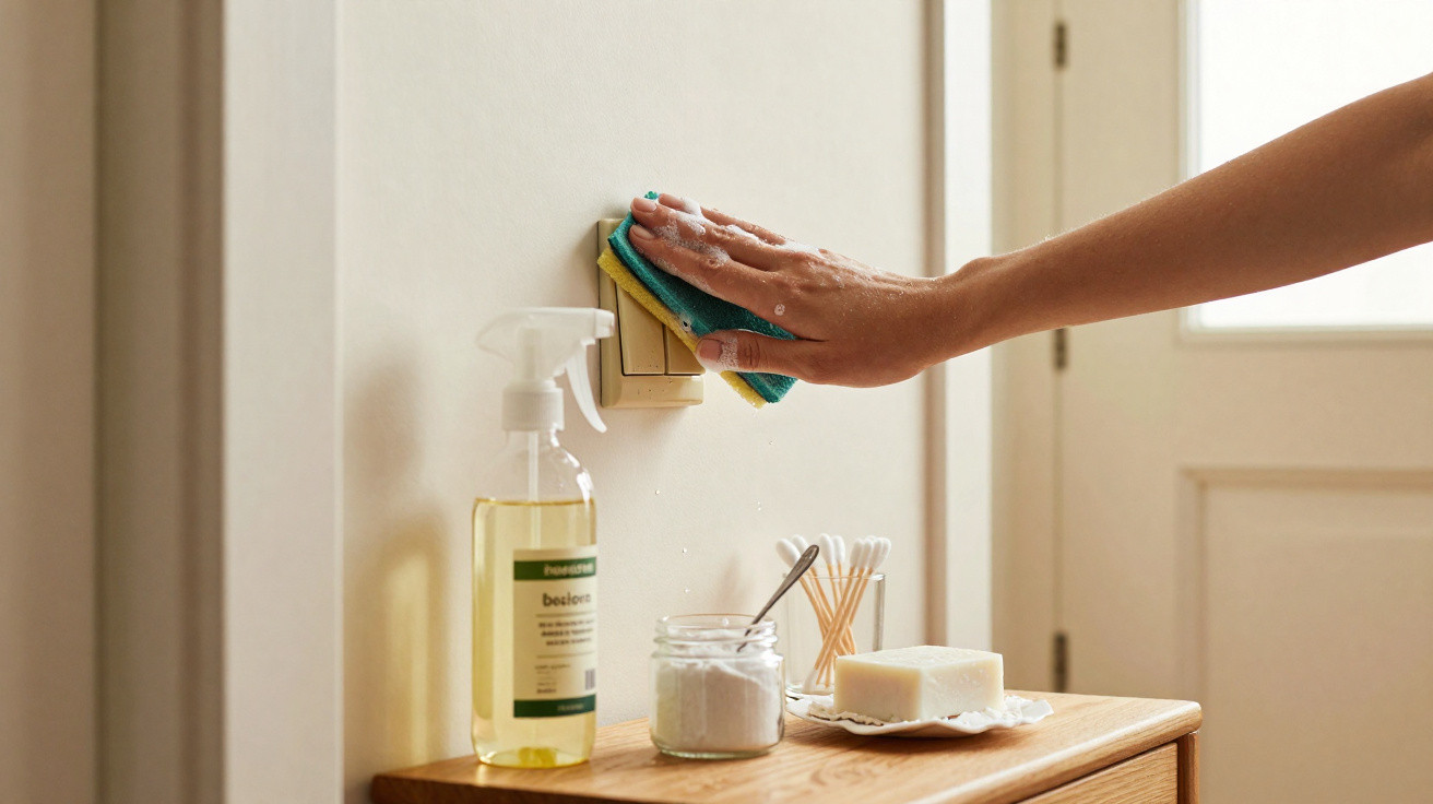 Hand wiping a light switch with a sponge, with cleaning spray, cotton buds, powder, and soap on a wooden surface.
